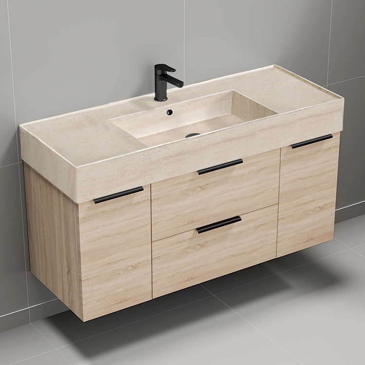 Nameeks DERIN828 48 Inch Bathroom Vanity With Beige Travertine Design Sink, Floating, Brown Oak